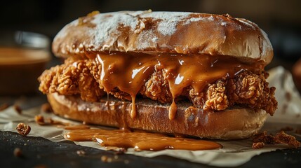 A dramatic close-up of the sandwich dripping sauce