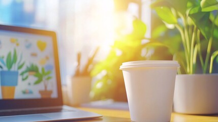 Cozy Home Office with Laptop, Coffee, and Plants in Sunlight