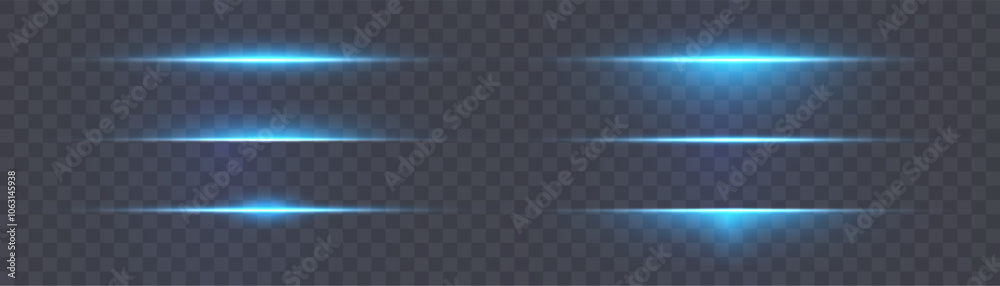 Poster Bright abstract horizontal light effect with rays and glare of blue glow and laser effect for vector illustration.