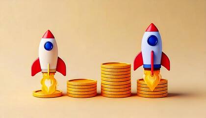 Two colorful rockets launch from stacks of golden coins, symbolizing growth, investment, and success in finance and entrepreneurship.