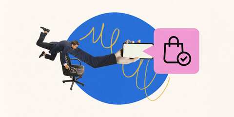 Businessman in playful pose, reaching towards smartphone with shopping bag icon. E-commerce and...