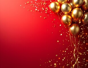 Golden Metallic Balloons Cluster with Shimmering Confetti on Red Gradient Background – Perfect for Birthday and Anniversary Announcements