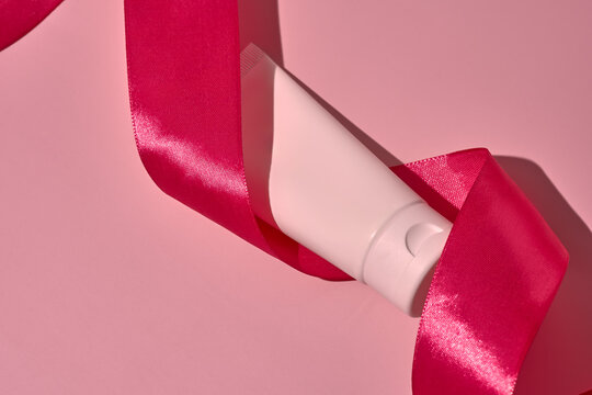 Top view of cosmetics with ribbon for Christmas and New Year