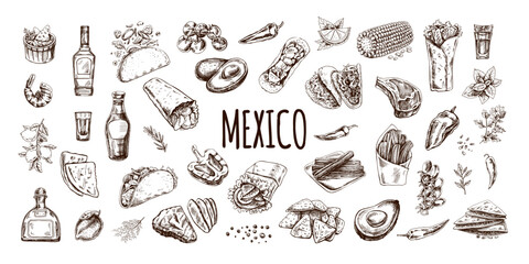 Hand-drawn set of realistic mexican dishes and products. Vintage sketch drawings of Latin American cuisine. Vector ink illustration. Mexican culture. Latin America.