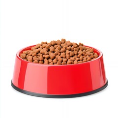 Red bowl full of dry pet food.