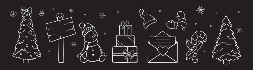 christmas set chalk on black background vector sketch