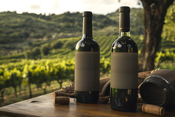 Fototapeta premium Vineyard Serenity Blank Label Wine Bottles with Vibrant Grapes on Display