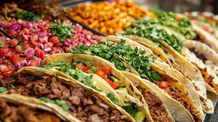 Fototapeta premium A feast of traditional Mexican tacos, filled with seasoned meats,
