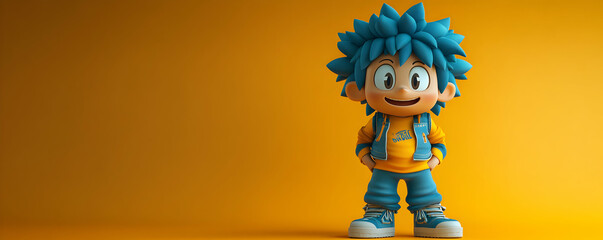 3D Cartoon Illustration of a Smiling Boy with Blue Hair Wearing Yellow and Blue Clothes Standing on a Yellow Background