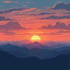 a sunset with mountains and clouds