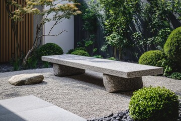 A tranquil Zen garden featuring a stone bench surrounded by lush green plants, providing a serene...