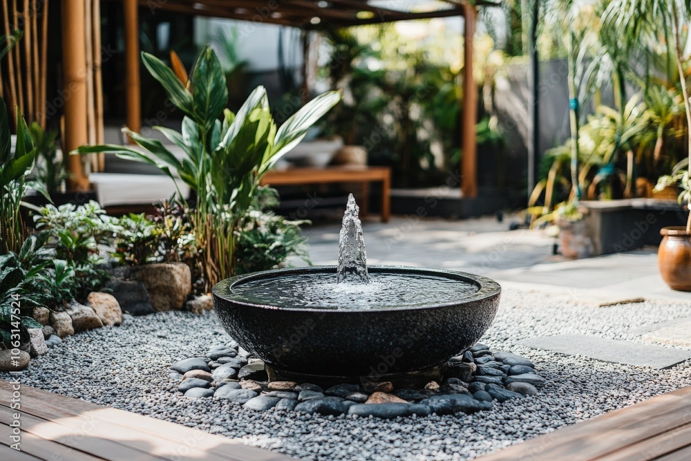 Poster A modern garden highlights a circular water feature surrounded by lush plants, creating a tranquil retreat with soothing sounds and a sense of harmony and peace.