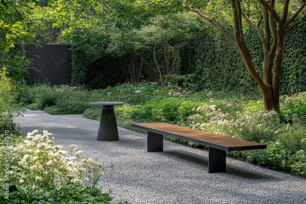 Poster a serene garden features a simple bench beside a stone path, surrounded by lush foliage and greenery