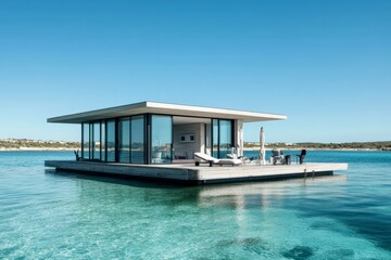 Fototapeta premium A modern, stylish floating house set against a vast ocean backdrop, designed for relaxation and leisure with open spaces and seamless indoor-outdoor living.