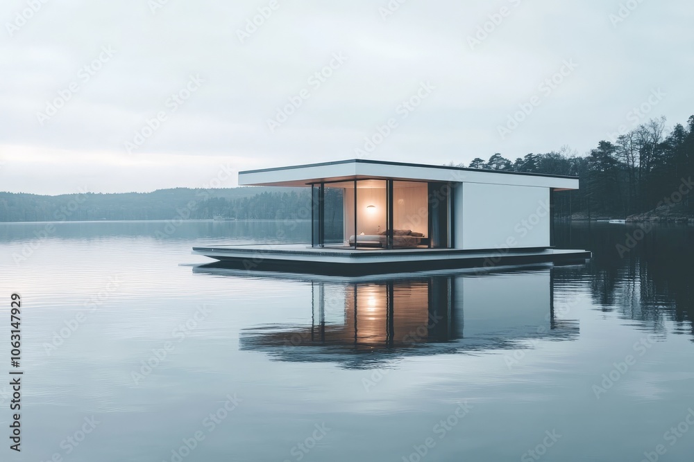 Poster A luxury floating cabin basks in the serene embrace of a forested landscape, seamlessly blending modern architectural beauty with the tranquility of surrounding nature.