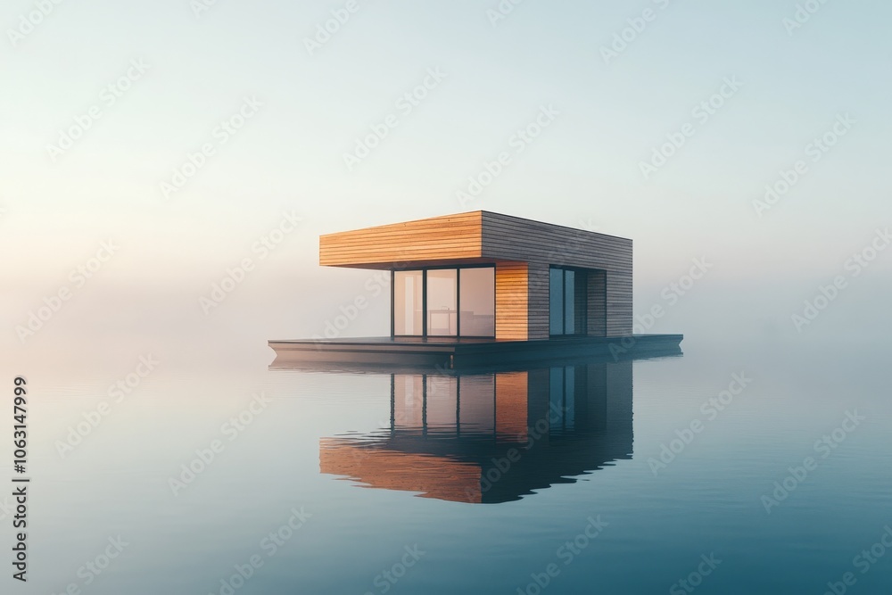 Aufkleber A minimalist wooden micro-home floats on still water immersed in mist, creating a serene, dreamlike setting that embodies simplicity and modern tranquility in design.