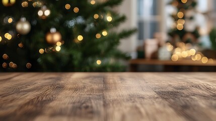 Close-up of a wooden table top with a blurred Christmas tree and lights in the background.