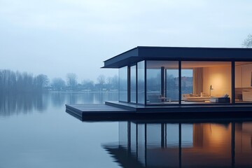 Modern floating house with large glass windows reflecting on calm water, surrounded by trees in the distance under a cloudy sky, conveying serenity and elegance.