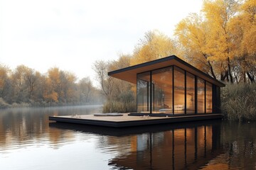 Fototapeta premium A modern houseboat with floor-to-ceiling glass windows floats serenely among autumnal trees, surrounded by calm water, highlighting the beauty of seasonal change.