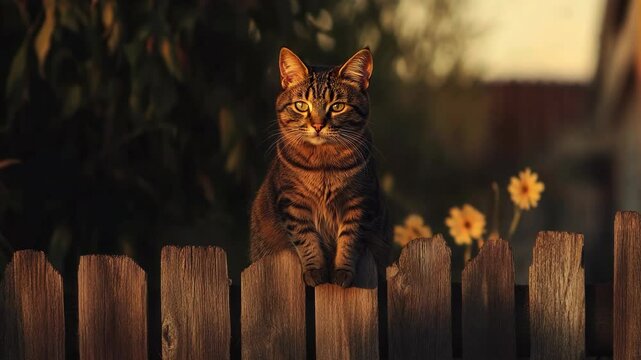 Cat perched on a rustic wooden fence , with a soft glow of the sunset in the background 
