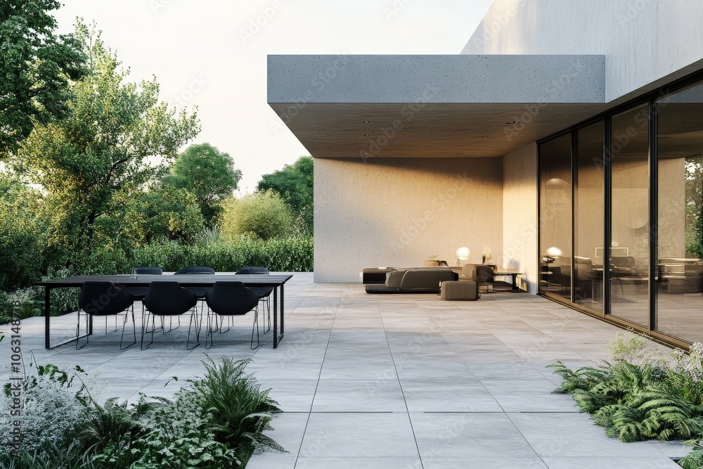 Poster a sleek and minimalistic patio design featuring modern furniture and a large table under a concrete 