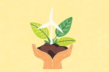 Hands holding soil and a plant with a wind turbine