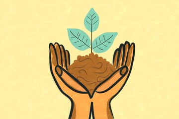 Illustration of hands holding plant, symbolizing renewable energy
