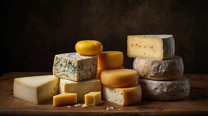 various types of cheese, types of cheese on wooden table, cheeses, cheeses splash, food
