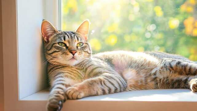 Tabby Cat lounging on a cozy windowsill with sun rays streaming through a window 