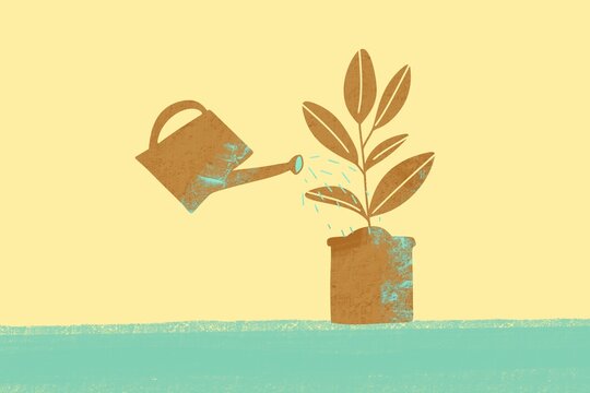 Watering a plant illustration with vintage style elements