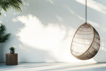 A wicker swing chair suspended in a sunlit area is accompanied by green potted plants, creating an inviting and peaceful atmosphere enhanced by natural light and shadows.