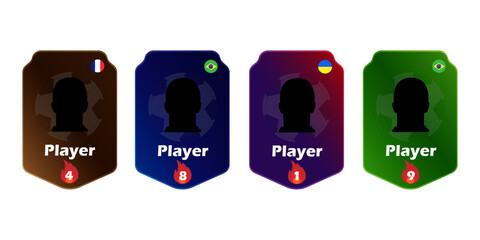 Set of four soccer player cards with flags and level icons. Vector template for game profiles and collectibles. © Creatmark