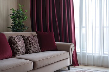 Stylish burgundy curtains and cushions creating a cozy atmosphere in a modern living room with beige sofa