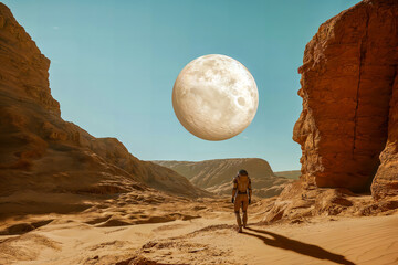 A lone astronaut walks through a vast, desert landscape with towering cliffs and a large full moon in the sky, suggesting an otherworldly environment and exploration theme.