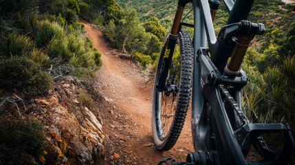 A detailed shot of a mountain bike's tires gripping the rocky terrain, framed by majestic snow-capped mountains