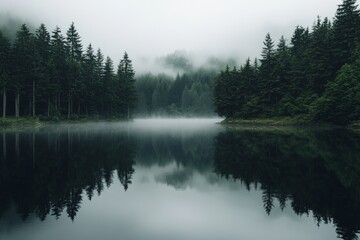A reflective lake encircled by mist, with towering evergreens standing sentinel, evoking a profound sense of calm, introspection and untouched natural beauty.