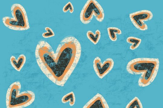 Grunge Textured Hearts on Blue Background