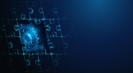 Abstract illustration of low poly cog wheels underneath jigsaw puzzle. Blue geometric background depicting synergy problem solving, partnership and business teamwork concept by wireframe mesh