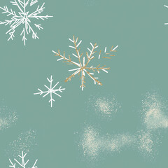 Christmas seamless pattern with white and gold snowflakes on green background. 