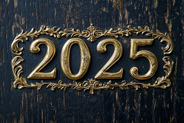 A gold 2025 sign with decorative floral borders on a textured dark wood background showing elegance and classic ornamental design

