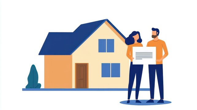 Couple with approved mortgage letter, standing beside new property