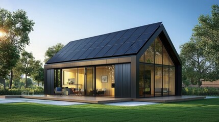 Obraz premium A modern, sustainable home with solar panels on the roof and large windows that let in natural light. The home is surrounded by lush green grass and trees.