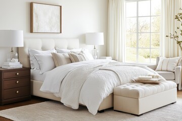A transitional-style bedroom with a neutral color palette, an upholstered bed with plush bedding, soft curtains, and classic yet modern decor..
