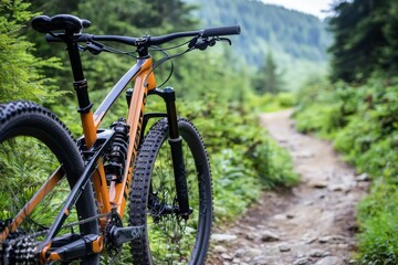 A detailed shot of a mountain bike's tires gripping the rocky terrain, framed by majestic snow-capped mountains