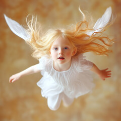 Fototapeta premium A young girl with angelic wings floats gracefully over a golden, whimsical backdrop