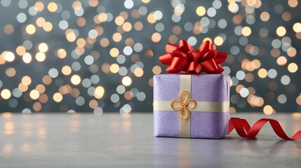 Obraz premium Luxurious Purple Gift Box with Red Ribbon