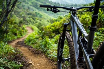 A detailed shot of a mountain bike's tires gripping the rocky terrain, framed by majestic snow-capped mountains