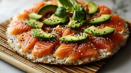Fresh Salmon and Avocado Rice Tart: A Trendy Culinary Delight with Sesame Seeds and Herbs