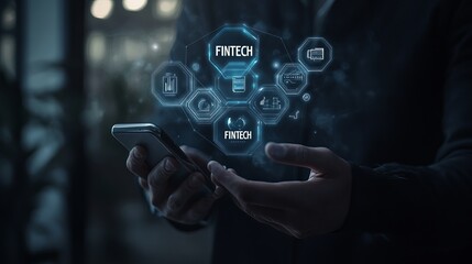 Fototapeta premium FINTECH: Businessman's hands with projection of 