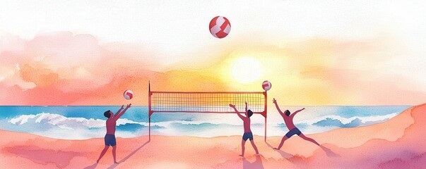 Beach volleyball players enjoying a sunset at the seaside.